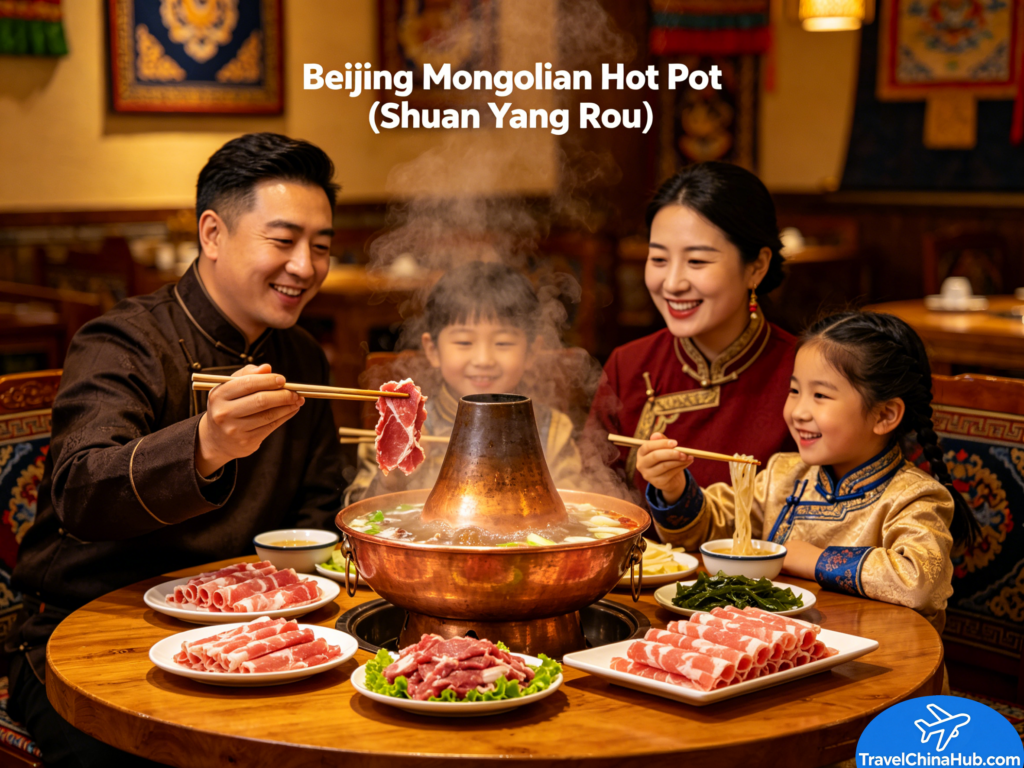 Chinese Hot Pot Ultimate Guide: From Sichuan Mala to Beijing Mongolian Hot Pot 4 Old-school Beijing copper pot hot pot—clear broth in the middle, paper-thin lamb slices and sides laid out around it.