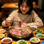 Chaoshan beef hot pot—clear bone broth in the pot, surrounded by plates of paper-thin beef cuts from different parts.