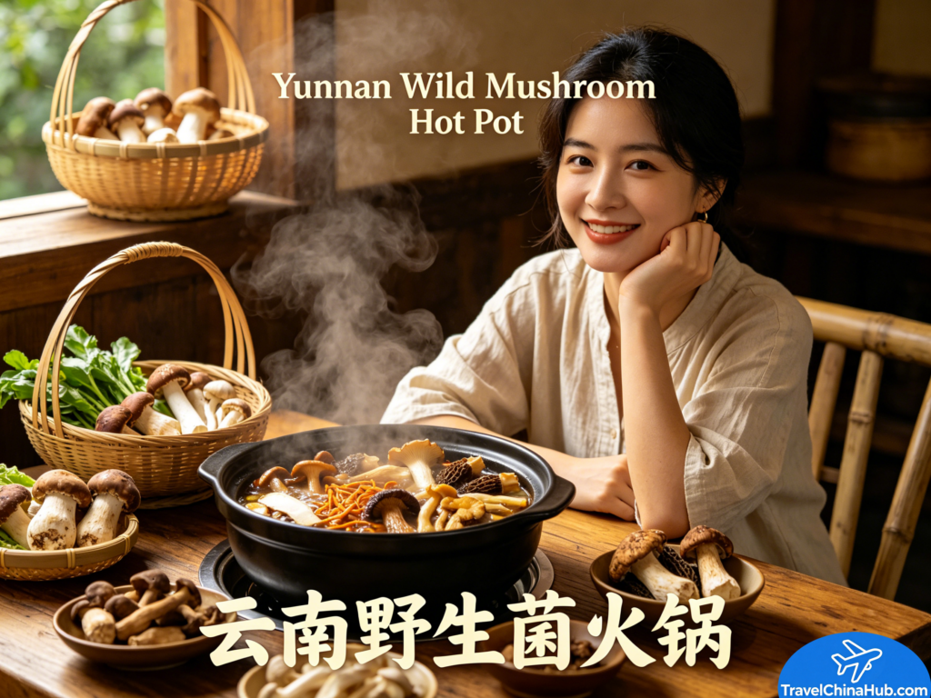 Chinese Hot Pot Ultimate Guide: From Sichuan Mala to Beijing Mongolian Hot Pot 6 A fragrant Yunnan wild mushroom hot pot with assorted exotic mushrooms and local herbs in a golden, earthy broth.