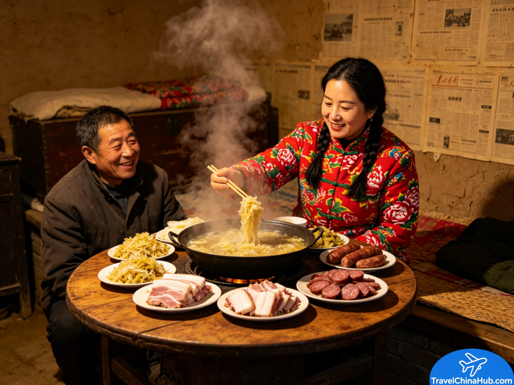 Chinese Hot Pot Ultimate Guide: From Sichuan Mala to Beijing Mongolian Hot Pot 8 Northeast sauerkraut and pork hot pot—pickled cabbage, fatty pork slices, glass noodles, and blood sausage stewing in a warm, hearty pot.