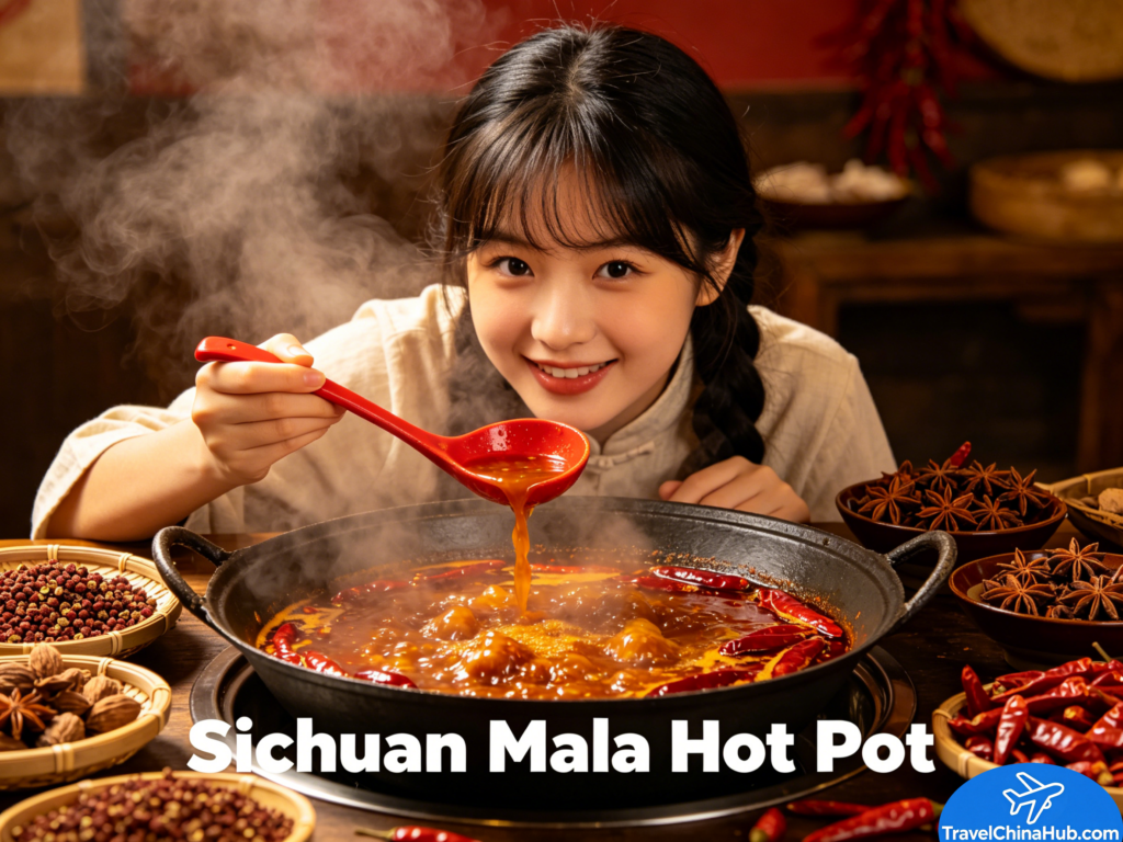 Chinese Hot Pot Ultimate Guide: From Sichuan Mala to Beijing Mongolian Hot Pot 2 A bubbling pot of Sichuan mala hot pot—bright red broth loaded with numbing peppercorns and dried chilies, with meat and veggies being cooked right in it.