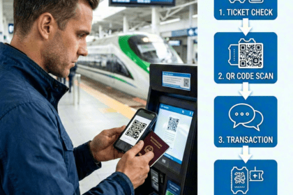 How to Use Alipay & WeChat Pay in China 2026: Foreigner's Guide (Bind Int'l Cards, Ride Didi & High-Speed Rail) 1 Foreign visitor buying high-speed train ticket with Alipay at station
