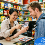 Foreign visitor using WeChat Pay to pay for snacks at a store